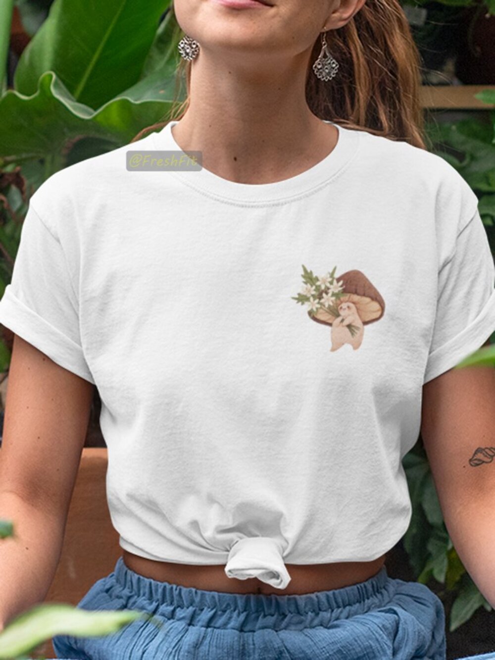 🆕Cottagecore Mushroom w/Flowers Corner White T-Shirt Graphic Tee